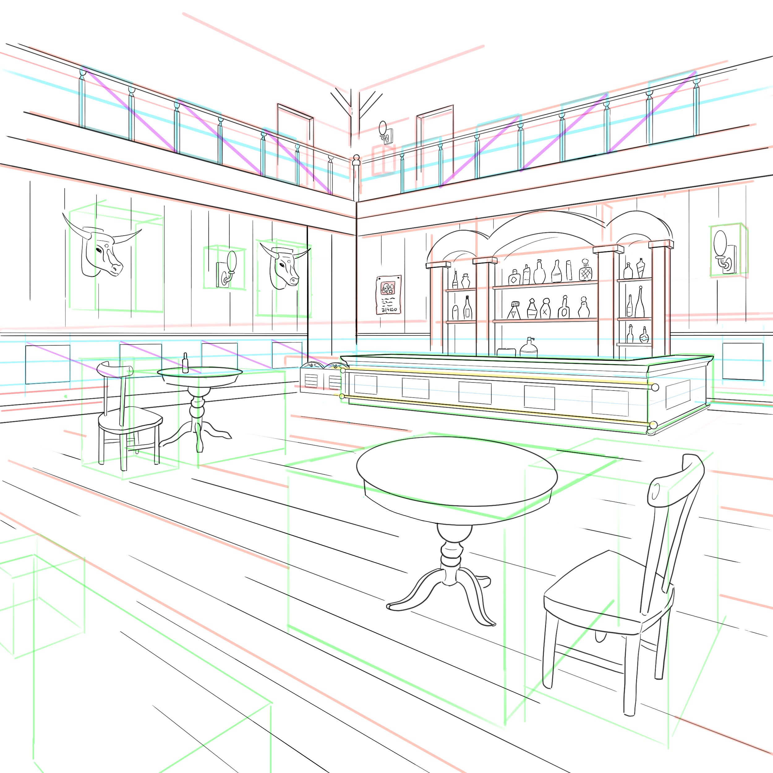 bar scene layout with grid lines in place